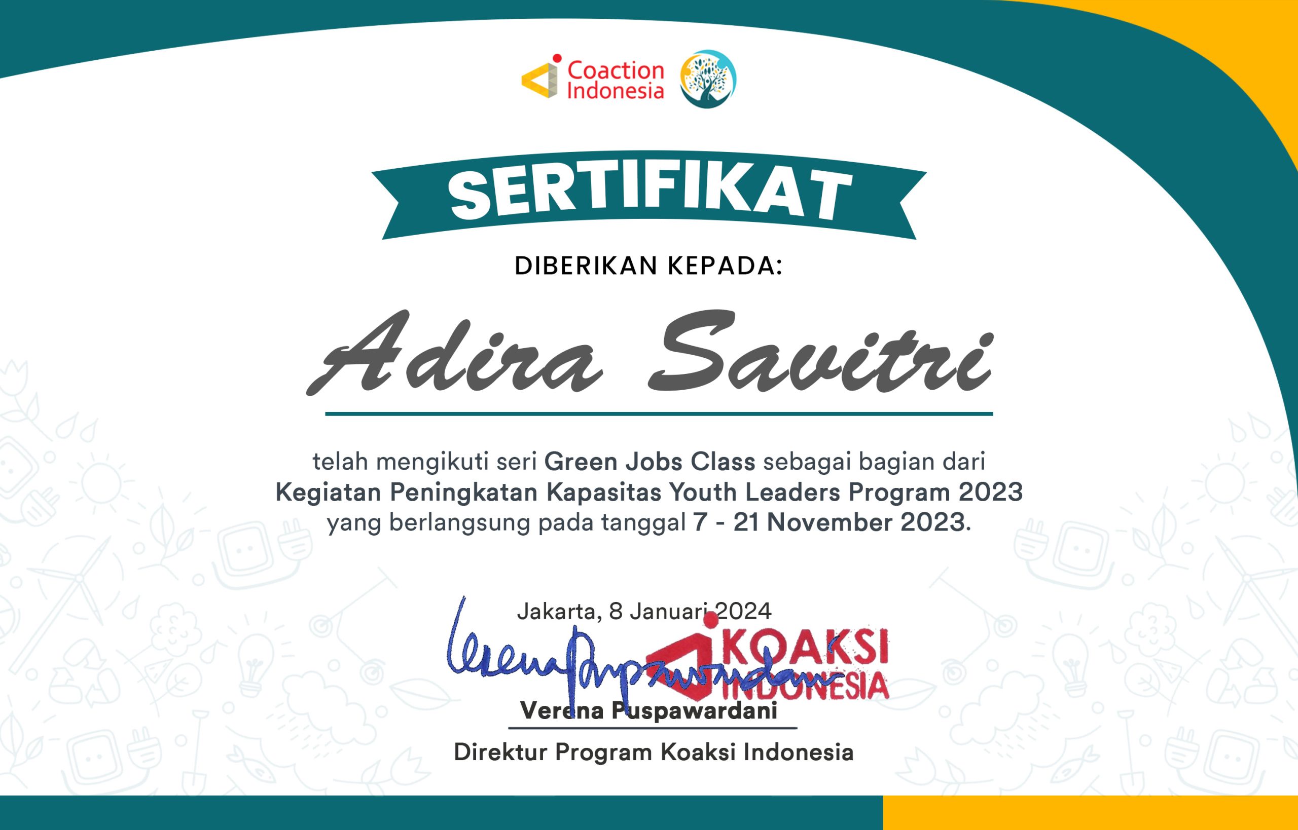 Sertifikat GJ CLASS Adira Savitri