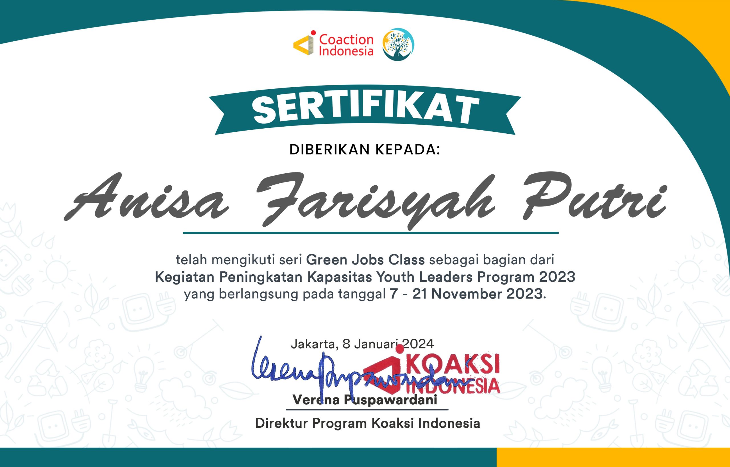 Sertifikat GJ CLASS Anisa Farisyah Putri