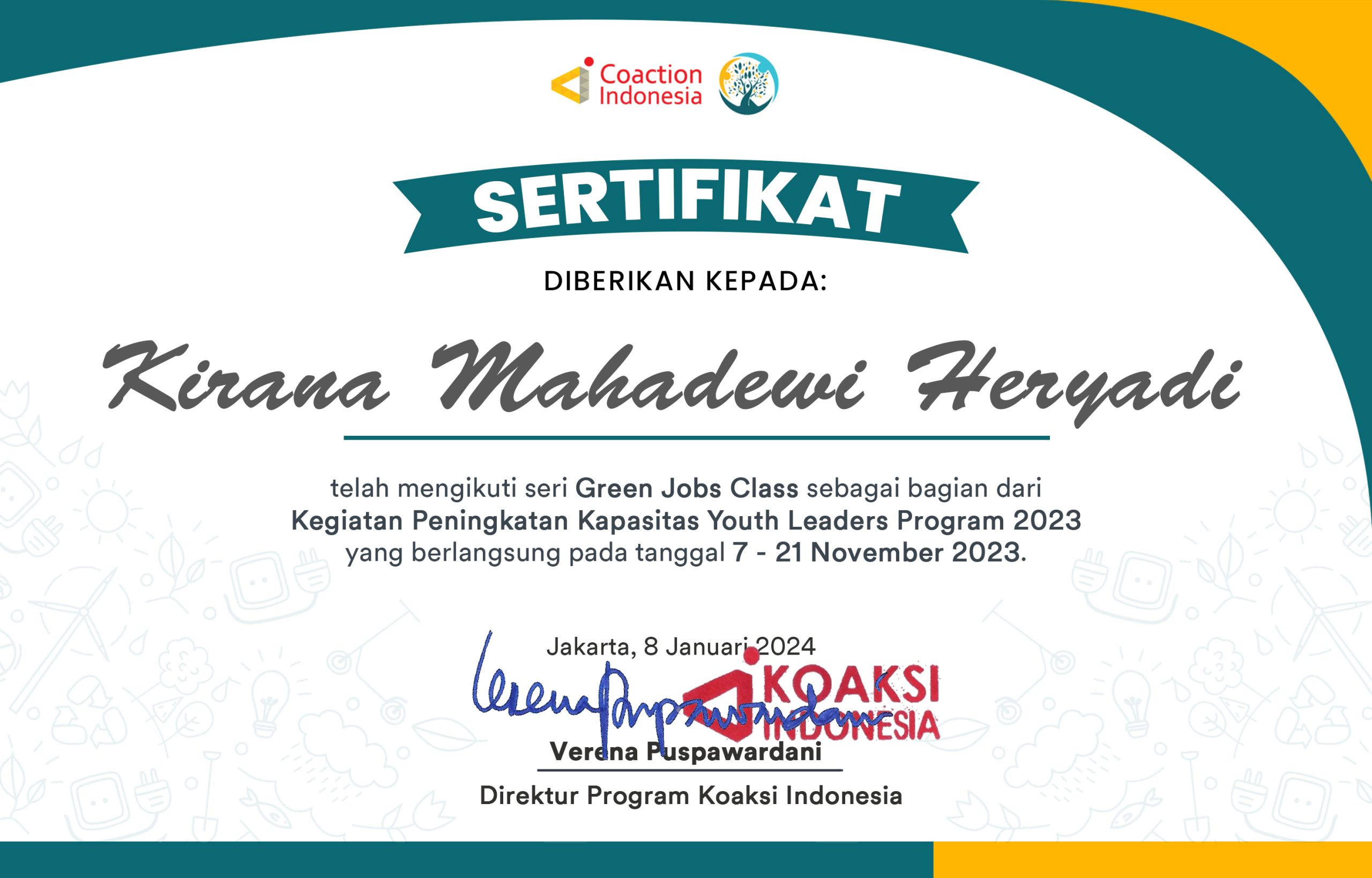 Sertifikat GJ CLASS Kirana Mahadewi Heryadi
