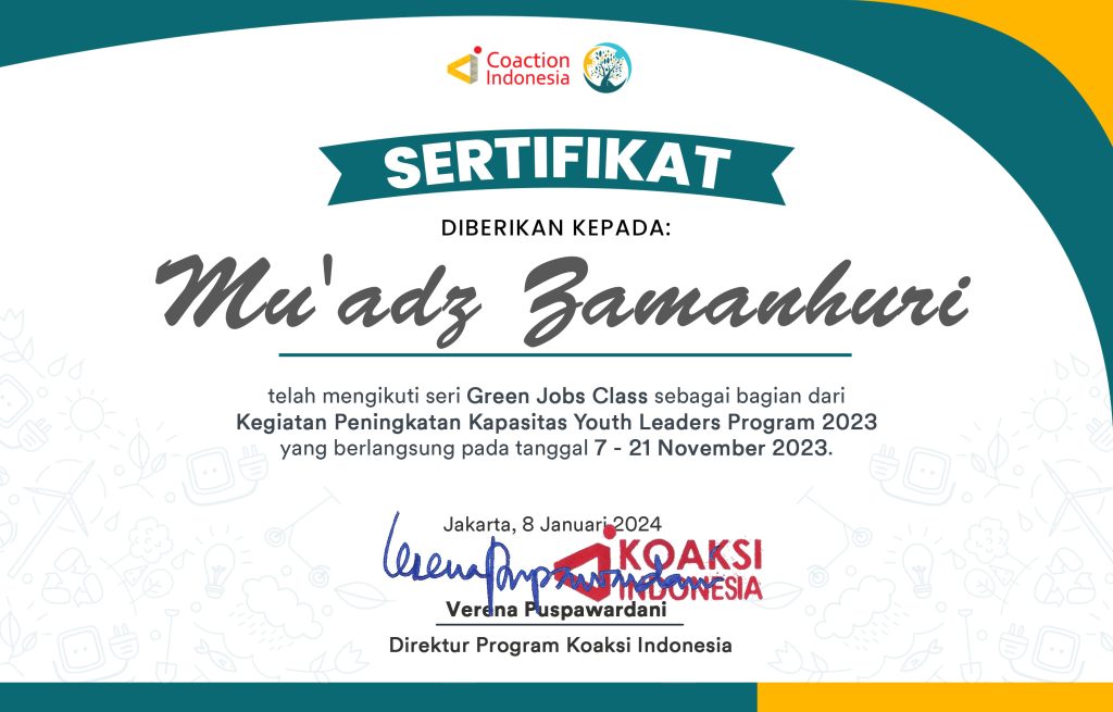 Sertifikat GJ CLASS Mu'adz Zamanhuri