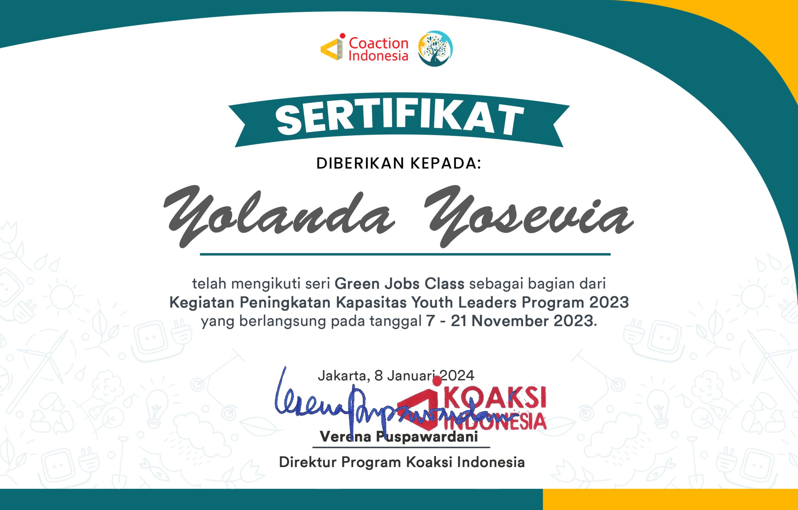 Sertifikat GJ CLASS Yolanda Yosevia