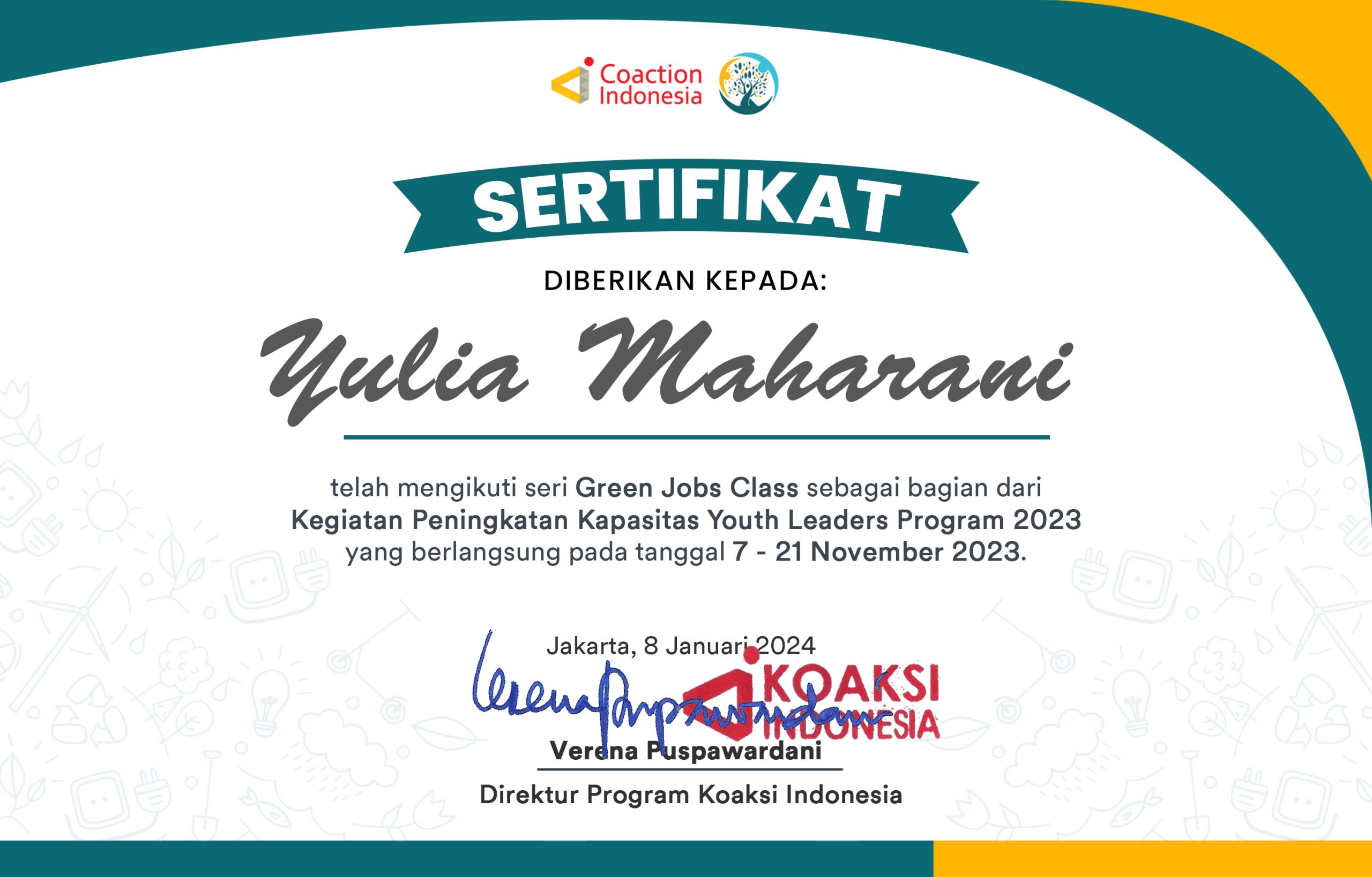 Sertifikat GJ CLASS Yulia Maharani
